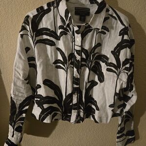 Tahari Black and White Leaf Print Button-Up Shirt Or Lightweight Jacket